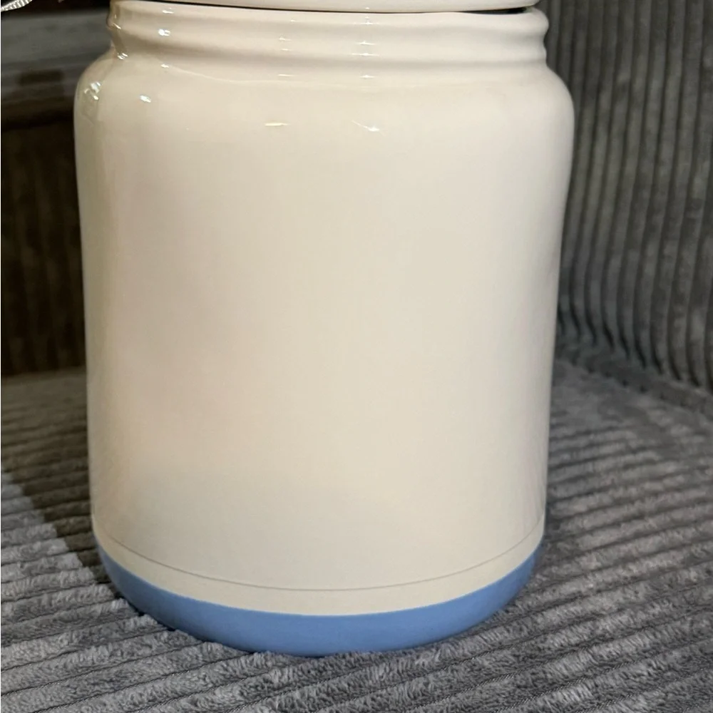 Rae Dunn White Ceramic Treats Jar with Blue Base for Pet- New